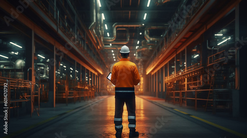 Chief Engineer in the hard hat walks through industrial factory while holding