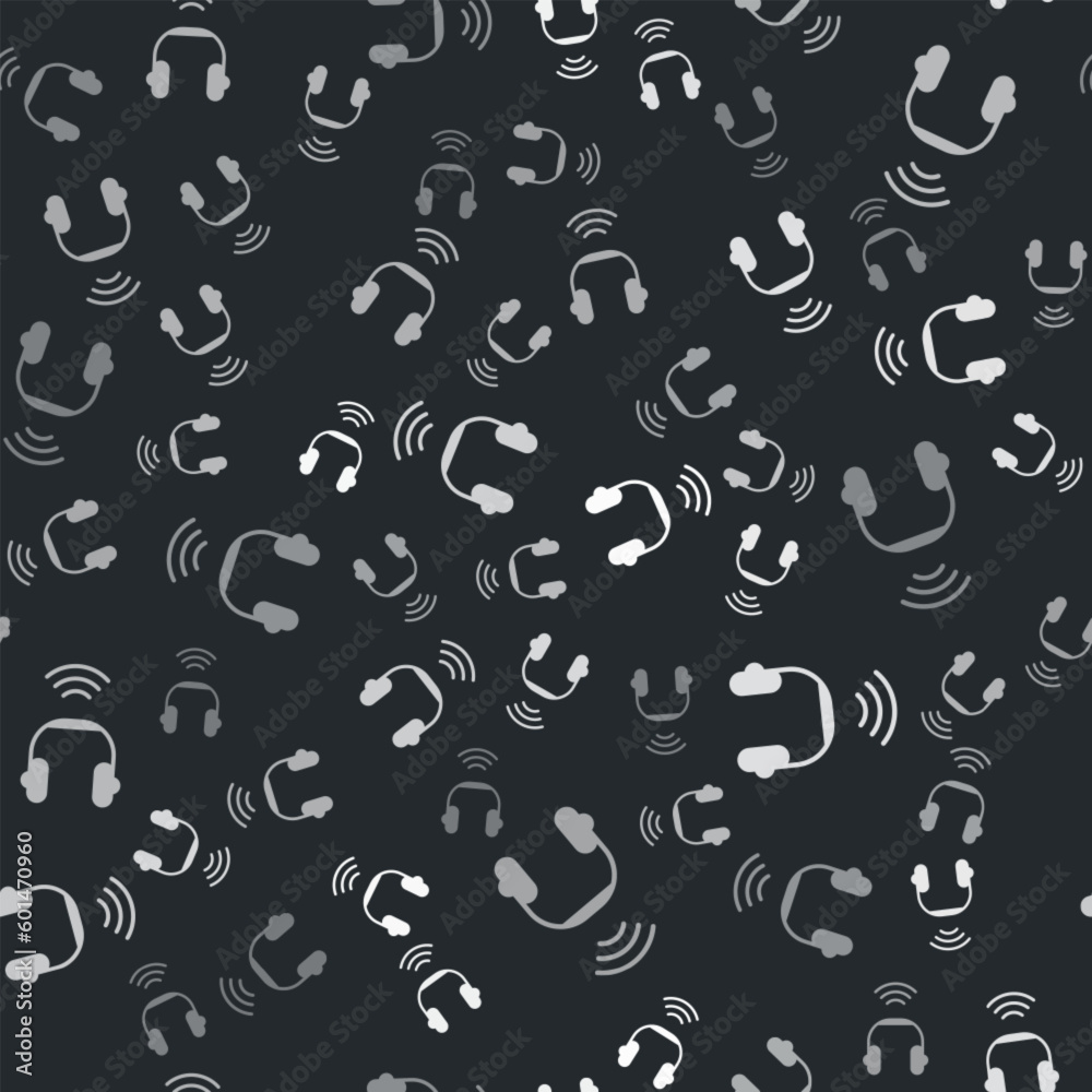 Grey Smart headphones system icon isolated seamless pattern on black background. Internet of things concept with wireless connection. Vector