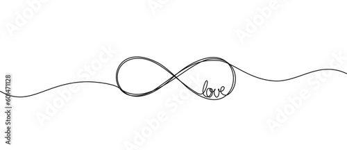 continuous single line drawing of infinity symbol with word LOVE, eternal love line art vector illustration