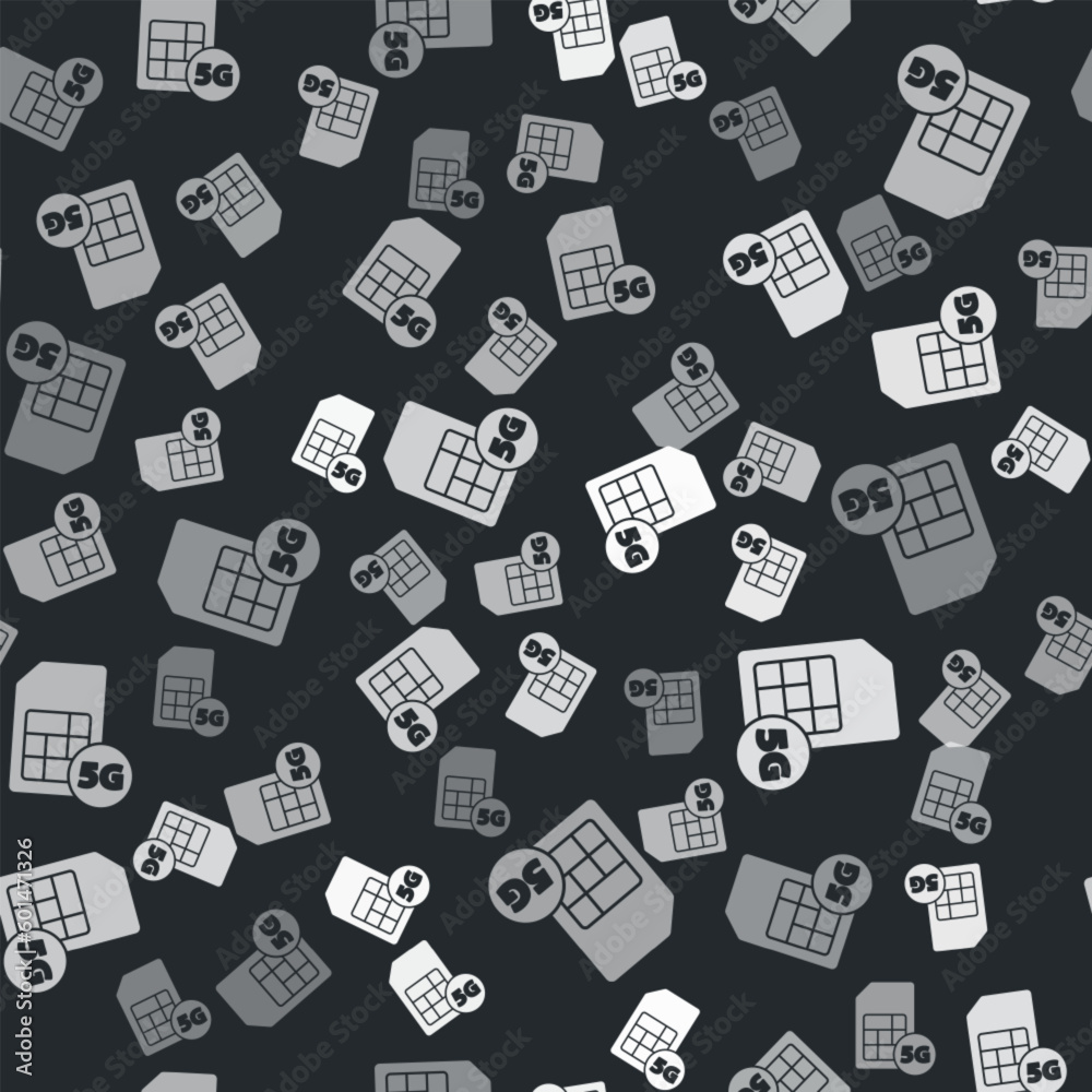 Grey 5G Sim Card icon isolated seamless pattern on black background. Mobile and wireless communication technologies. Network chip electronic connection. Vector