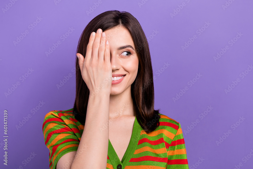 Photo of cute pretty woman dressed striped cardigan arm close eye looking empty space isolated violet color background Photo of cute pretty woman dressed striped cardigan arm close eye looking empty space isolated violet color background