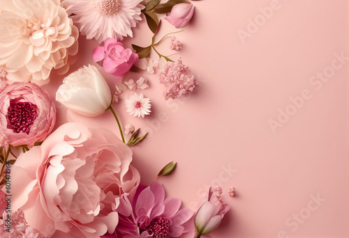 Mother's day, womens's day background, pink and white flowers , flat lay, pink pastel background. High quality photo Generative AI