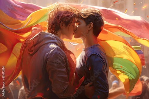 Two young men kissing with LGBTQ+ waving flag in background, falling ribbons around, sunlight, colorful, very detailed, hyper realism, Generative AI Technology