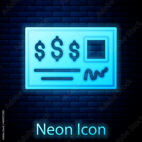 Glowing neon Blank template of the bank check and pen icon isolated on brick wall background. Checkbook cheque page with empty fields to fill. Vector
