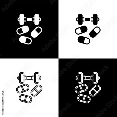 Set Sports doping, anabolic drugs with dumbbell icon isolated on black and white background. Anabolic steroids tablet. Pills in jar. Vector