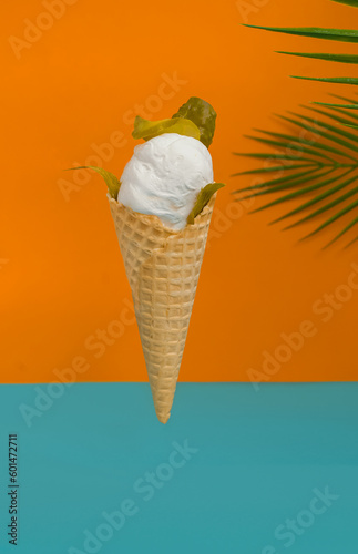 Ice cream with marinade and pickled cucumber in a waffle cone. Delicious summer dessert. Unusual food. Vegan food. Vertical photo with bright background