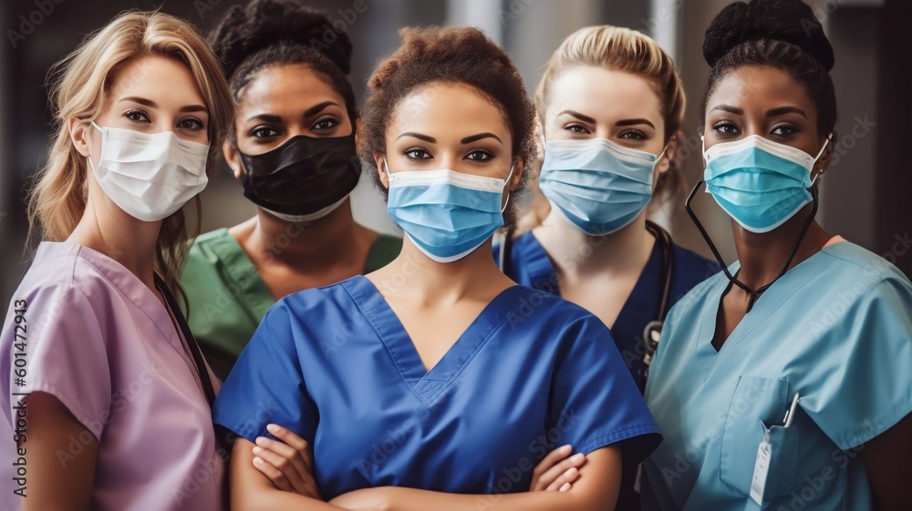 Portrait group of diverse Female nurses together, generative ai