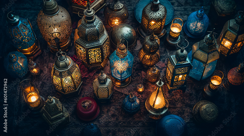 Fototapeta premium Ramadan Nights - A Flat Lay of Glowing Lanterns. Generative AI.