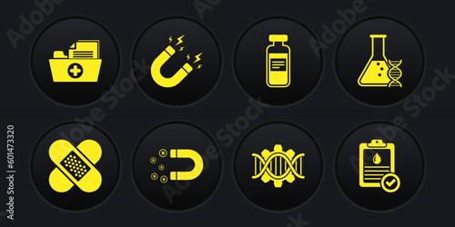 Set Crossed bandage plaster, DNA research, search, Magnet with money, Genetic engineering, Medical vial, ampoule and lightning icon. Vector