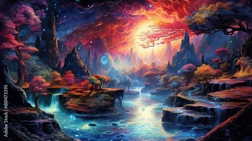 Illustration of an explosion of colors in an otherworldly landscape