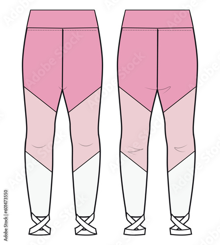 Women Wrap Hem Leggings, Cutout Hem Yoga Pant Front and Back View. Fashion Illustration, Vector, CAD, Technical Drawing, Flat Drawing, Template, Mockup.
