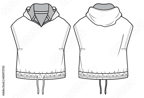 Sleeveless Crop Hoodie Front and Back View. Fashion Illustration, Vector, CAD, Technical Drawing, Flat Drawing, Template, Mockup.