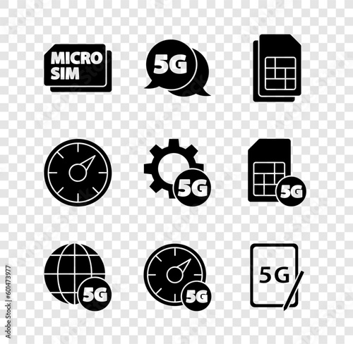 Set Micro Sim Card, 5G network, card, Digital speed meter, Graphic tablet with, and Setting icon. Vector