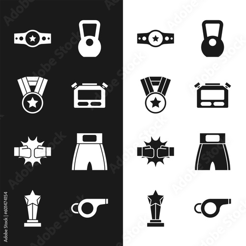 Set Stopwatch, Medal, Boxing belt, Kettlebell, Punch boxing gloves, short, Whistle and Award cup icon. Vector