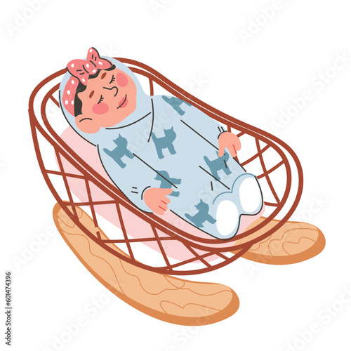 Baby sleeps peacefully in the cradle, flat cartoon vector illustration isolated on white background. Newborn baby sleeping careless quietly.
