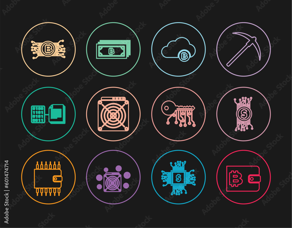 Set line Cryptocurrency wallet, bitcoin in circuit, cloud mining, ASIC Miner, Smart contract, key and icon. Vector Set line Cryptocurrency wallet, bitcoin in circuit, cloud mining, ASIC Miner, Smart contract, key and icon. Vector