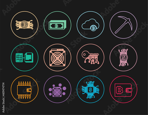 Set line Cryptocurrency wallet, bitcoin in circuit, cloud mining, ASIC Miner, Smart contract, key and icon. Vector