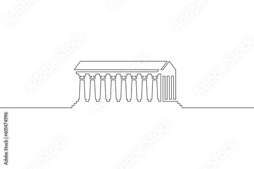 One continuous line. History of architecture. Historic buildings. Tourist attraction. Ancient Greece. Parthenon. One continuous line drawn isolated, white background.