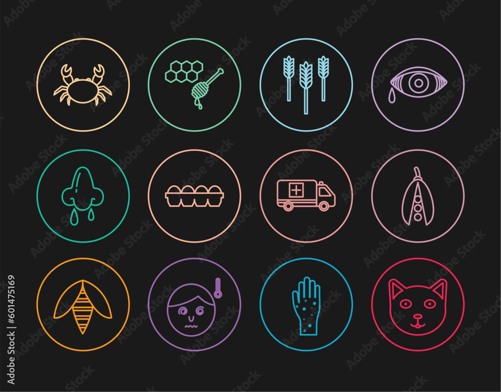 Set line Pet, Kidney beans, Wheat, Chicken egg in box, Runny nose, Crab, Emergency car and Honeycomb with honey dipper icon. Vector