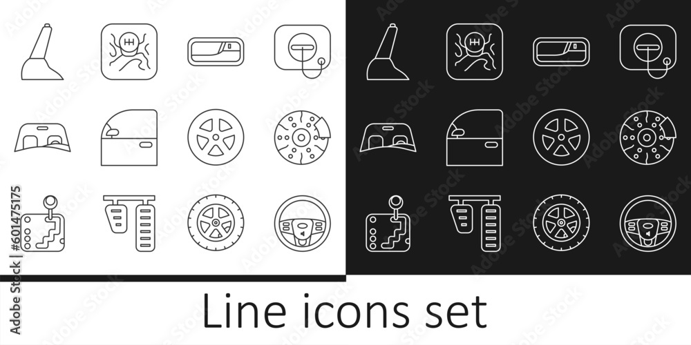 Set line Steering wheel, Car brake disk with caliper, door handle, windscreen, handbrake, and Gear shifter icon. Vector