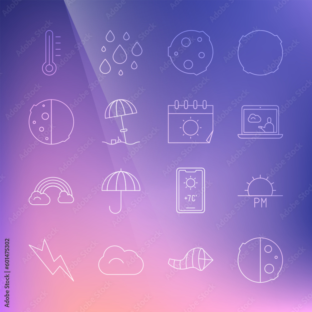 Set line Eclipse of the sun, Sunset, Weather forecast, Moon, protective umbrella beach, Meteorology thermometer and Calendar and icon. Vector Set line Eclipse of the sun, Sunset, Weather forecast, Moon, protective umbrella beach, Meteorology thermometer and Calendar and icon. Vector