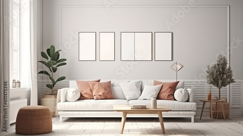3d render of a modern room interior with blank picture frame. Generative Ai