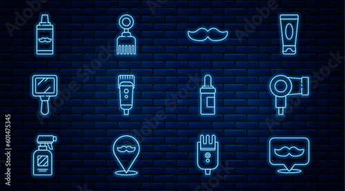 Set line Barbershop, Hair dryer, Mustache, Electrical hair clipper or shaver, Hand mirror, Shaving gel foam, Beard mustaches care oil bottle and Hairbrush icon. Vector