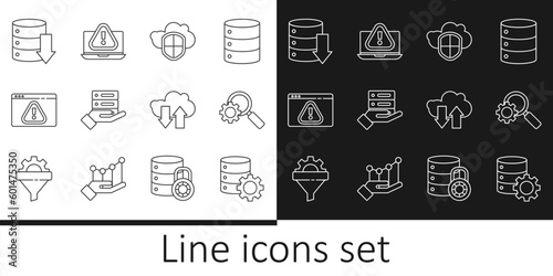 Set line Server and gear, Magnifying glass, Cloud shield, Server, Data, Web Hosting, Browser with exclamation mark, download upload and Laptop icon. Vector