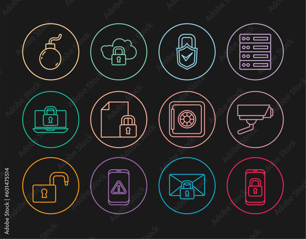 Set line Mobile with closed padlock, Security camera, Lock and check mark, Document, Laptop, Bomb ready explode, Safe and Cloud computing icon. Vector Set line Mobile with closed padlock, Security camera, Lock and check mark, Document, Laptop, Bomb ready explode, Safe and Cloud computing icon. Vector