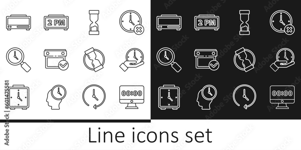 Set line Clock on monitor, Old hourglass, Calendar with check mark, Magnifying clock, Digital alarm, and icon. Vector