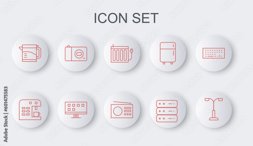 Set line Street light, Coffee machine, Heating radiator, Server, Data, Web Hosting, Electric kettle, Photo camera, Smart Tv and Radio icon. Vector