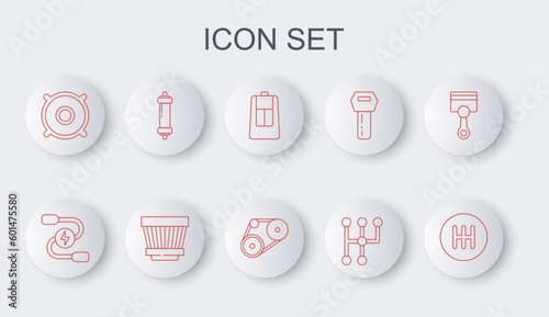 Set line Gear shifter, Car battery jumper power cable, key with remote, audio speaker, Shock absorber, air filter and Timing belt kit icon. Vector