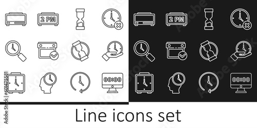 Set line Clock on monitor, Old hourglass, Calendar with check mark, Magnifying clock, Digital alarm, and icon. Vector