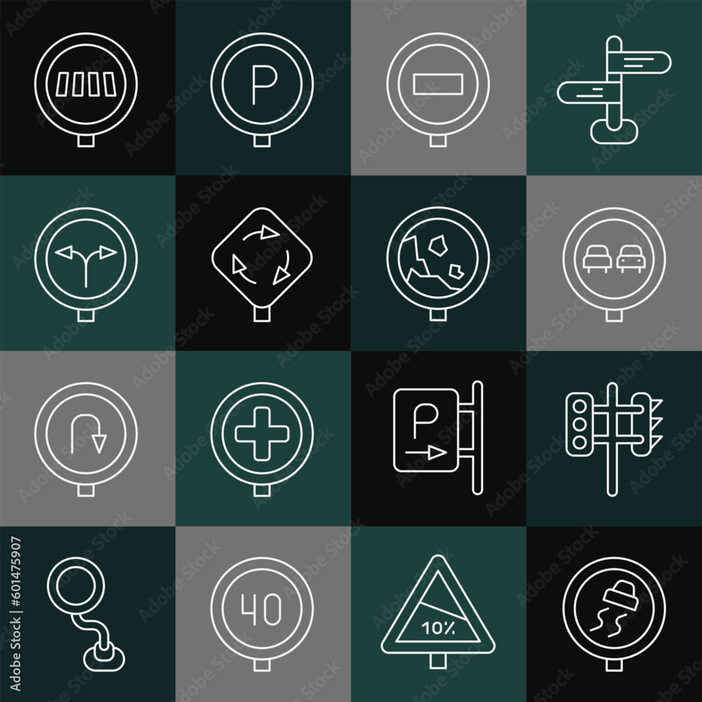 Set line Slippery road traffic, Traffic light, No overtaking, Stop sign, Roundabout, Fork the, Pedestrian crosswalk and Road warning rockfall icon. Vector Set line Slippery road traffic, Traffic light, No overtaking, Stop sign, Roundabout, Fork the, Pedestrian crosswalk and Road warning rockfall icon. Vector