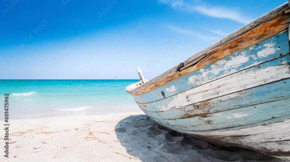 A rustic wooden sail boat on a tropical beach against a teal blue ocean and summer sky background. A.I. generated