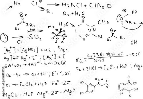 chemical formulas . the scientific educational background is hand-drawn on a whiteboard.