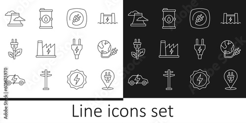 Set line Electric plug, Global energy power planet, Nuclear plant, saving in leaf, and Bio fuel barrel icon. Vector