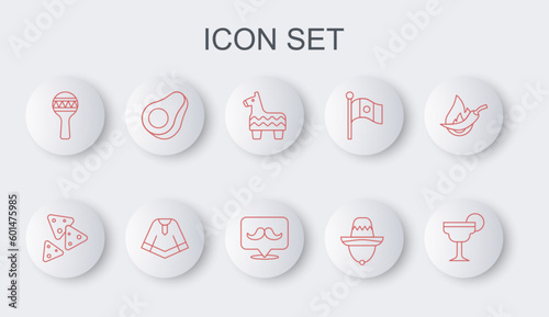 Set line Margarita cocktail, Nachos, Pinata, Mexican sombrero, Maracas, Avocado fruit, Poncho and Mustache icon. Vector