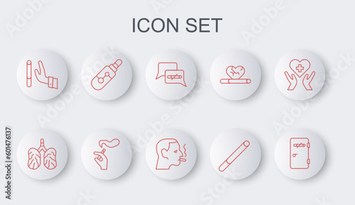 Set line No smoking area, Disease lungs, Cigarette, Giving up cigarette, Electronic, Hand with and Man icon. Vector