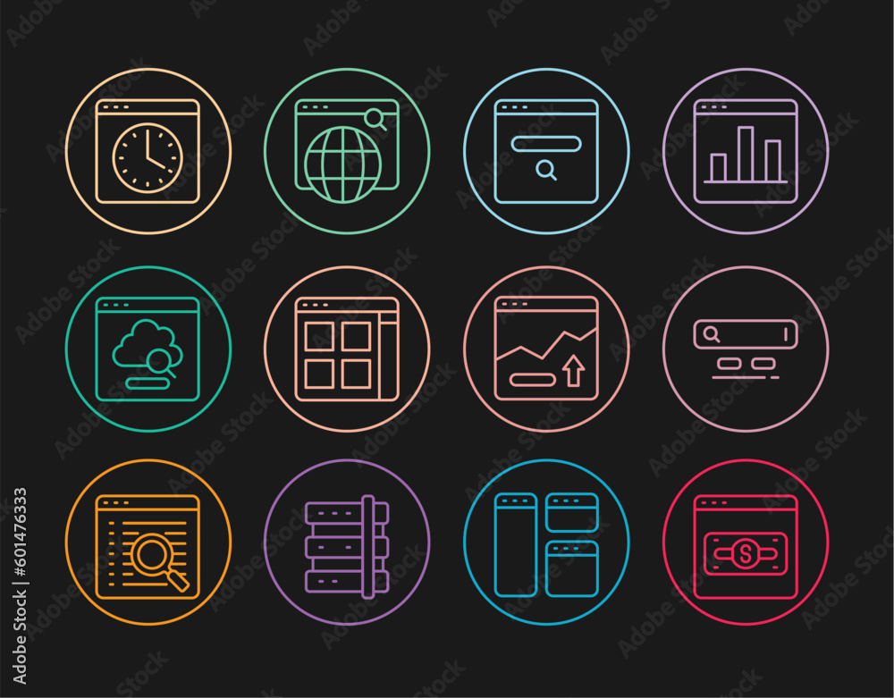 Set line Online shopping on screen, Search engine, Browser files, Cloud technology data transfer, window, Financial growth increase and icon. Vector Set line Online shopping on screen, Search engine, Browser files, Cloud technology data transfer, window, Financial growth increase and icon. Vector