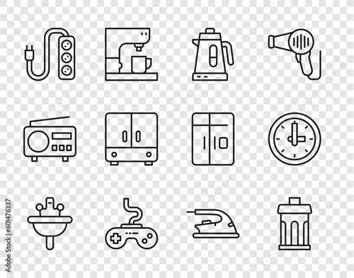 Set line Washbasin, Trash can, Electric kettle, Gamepad, extension, Wardrobe, iron and Clock icon. Vector