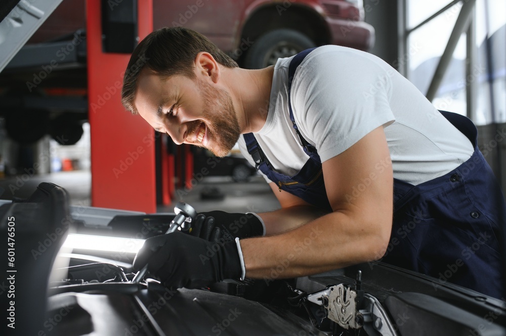 Portrait of a smiling fixing a car engine in his garage Portrait of a smiling fixing a car engine in his garage