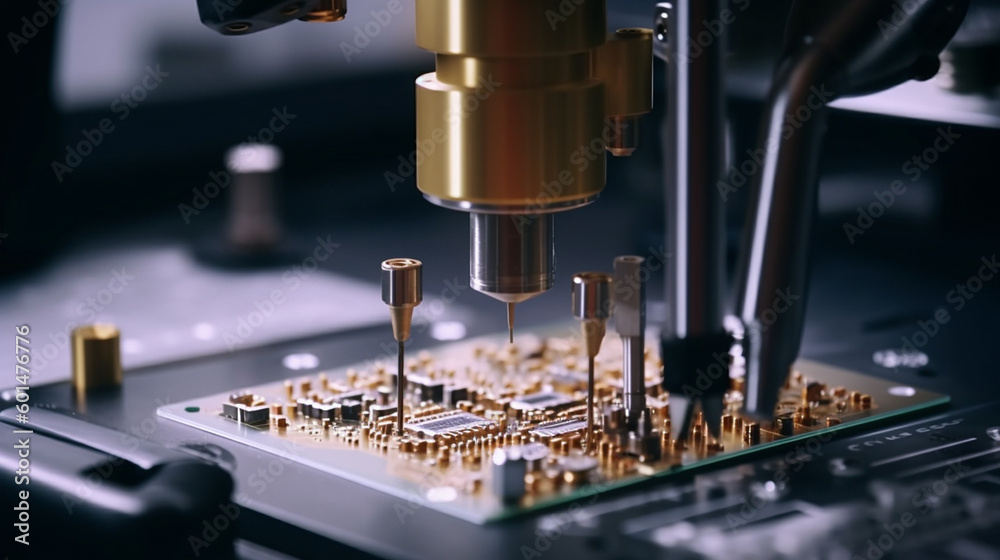 Macro Shot of Automatic Pick and Place machine quickly installs Components on Circuit Board. Macro Shot of Automatic Pick and Place machine quickly installs Components on Circuit Board.