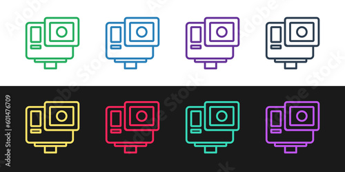 Set line Action extreme camera icon isolated on black and white background. Video camera equipment for filming extreme sports. Vector