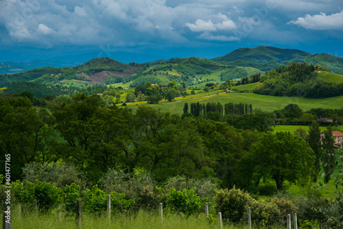 View of beautiful countryside near Scheggia village in Umbria with green field, Italy photo