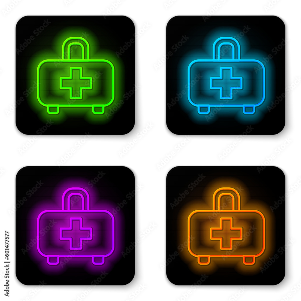 Glowing neon line First aid kit icon isolated on white background. Medical box with cross. Medical equipment for emergency. Healthcare concept. Black square button. Vector Glowing neon line First aid kit icon isolated on white background. Medical box with cross. Medical equipment for emergency. Healthcare concept. Black square button. Vector