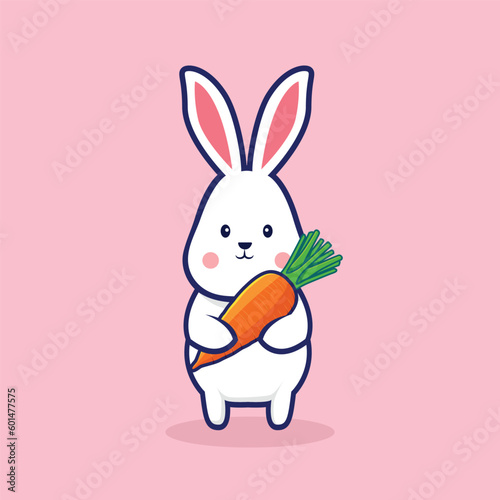 Cute rabbit holding carrot cartoon vector illustration. Cartoon character icon. Rabbit Animal mascot logo, sticker for Easter bunny holiday t shirt design.