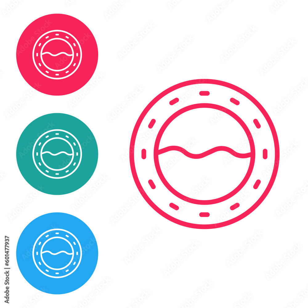 Red line Ship porthole with rivets and seascape outside icon isolated on white background. Set icons in circle buttons. Vector Red line Ship porthole with rivets and seascape outside icon isolated on white background. Set icons in circle buttons. Vector