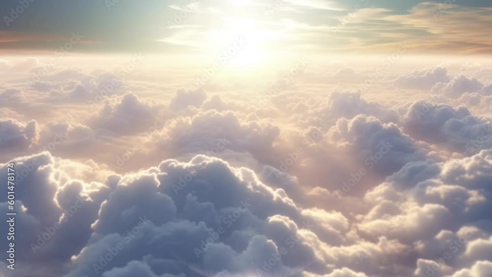 Flight above the clouds in the rays of the rising sun. 4K animation Flight above the clouds in the rays of the rising sun. 4K animation