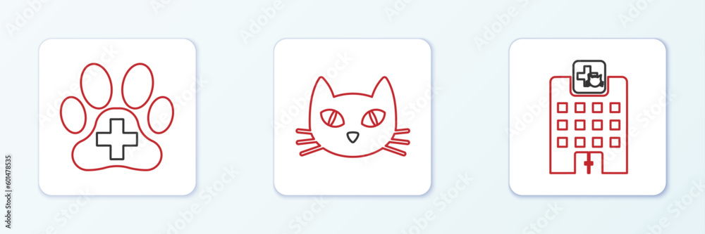 Set line Veterinary medicine hospital, clinic and Cat icon. Vector Set line Veterinary medicine hospital, clinic and Cat icon. Vector